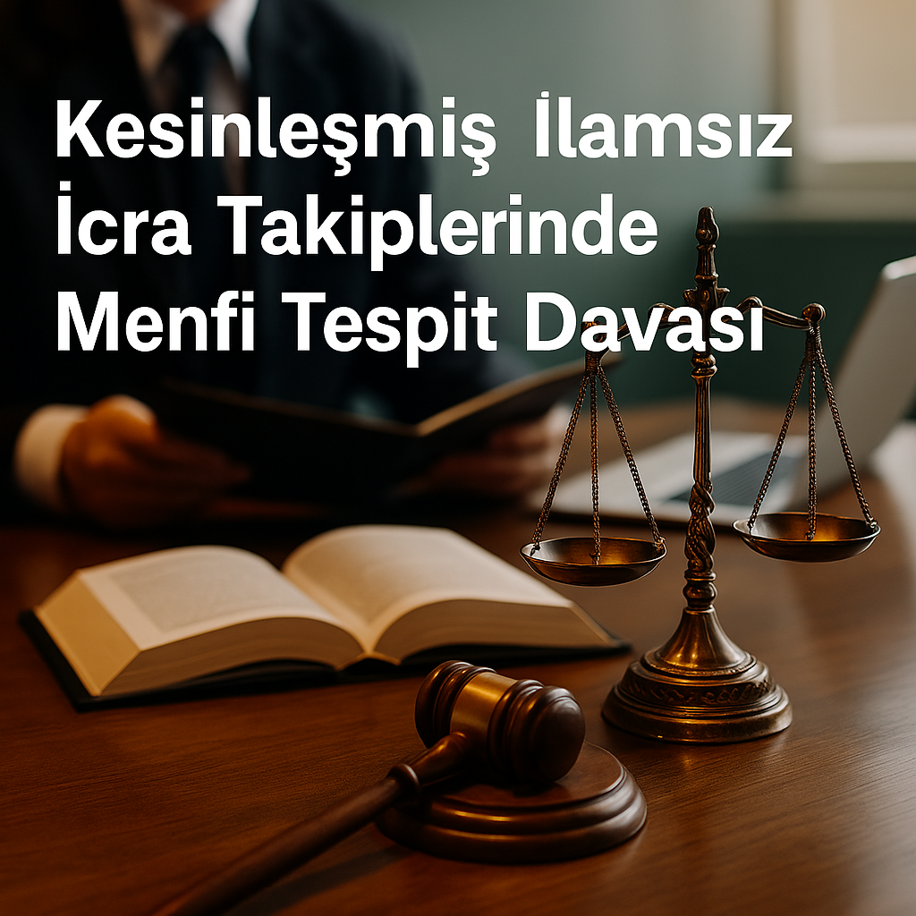 Hukuk ofisinde masada duran adalet terazisi, icra evrakları ve bilgisayar eşliğinde bir avukatın eli