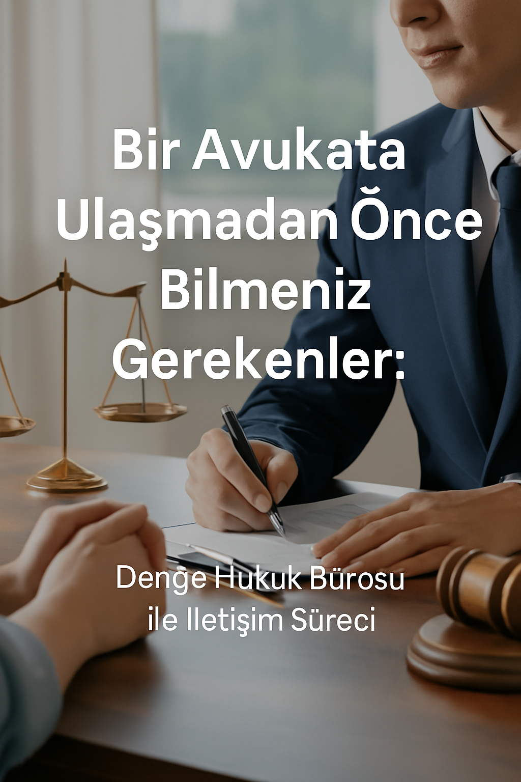 Avukatın ofis ortamında müvekkille görüşme hazırlığı yaptığı, masa üzerinde hukuk kitapları ve adalet terazisinin bulunduğu sahne