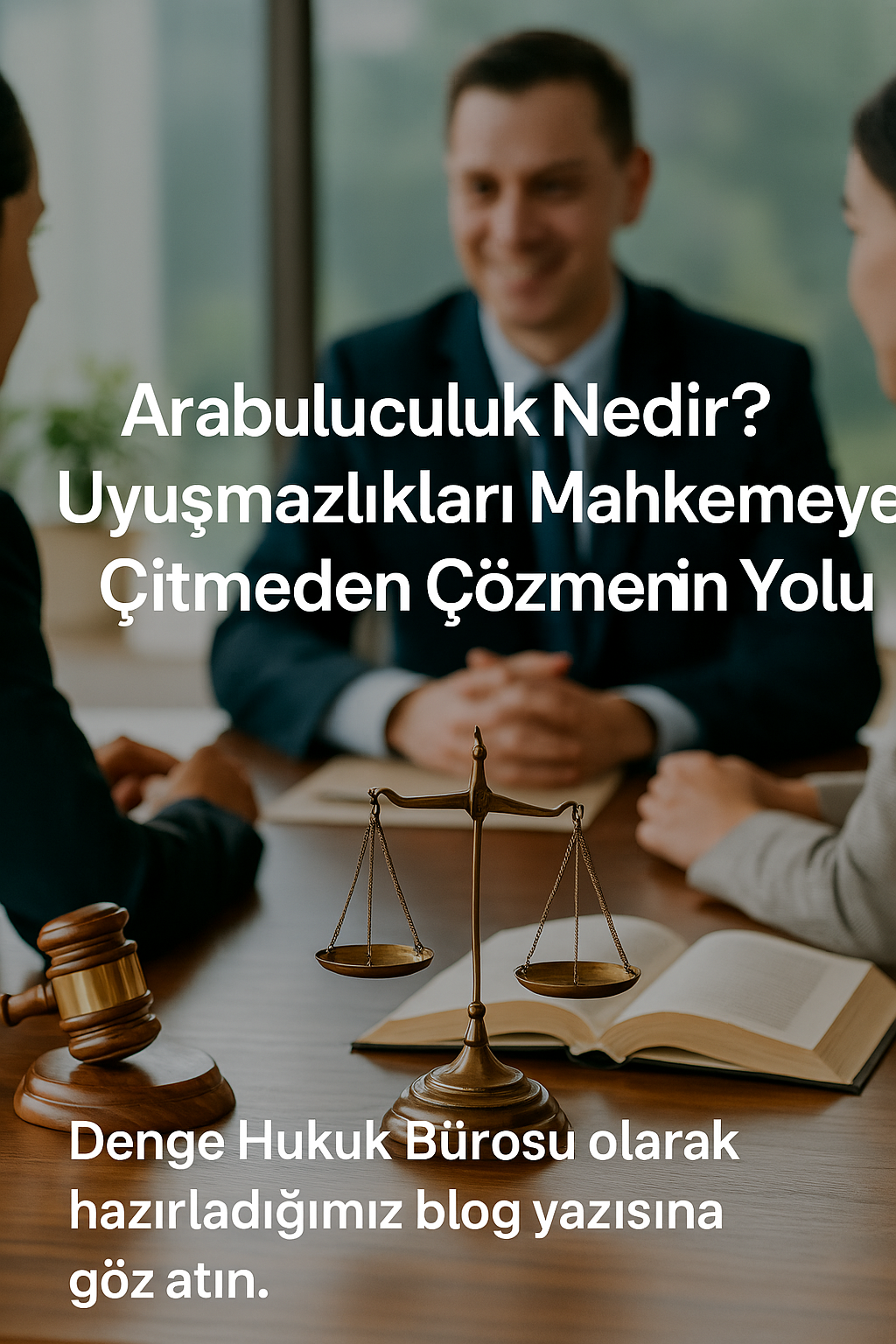 Arabuluculuk toplantısında görüşen taraflar ve masada yer alan adalet terazisi