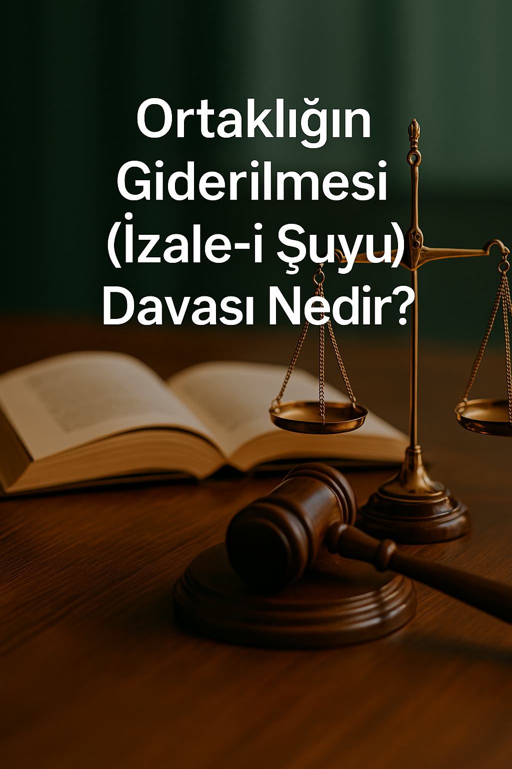 Ortaklığın giderilmesi davası temalı adalet terazisi, hakem tokmağı ve açık hukuk kitabı